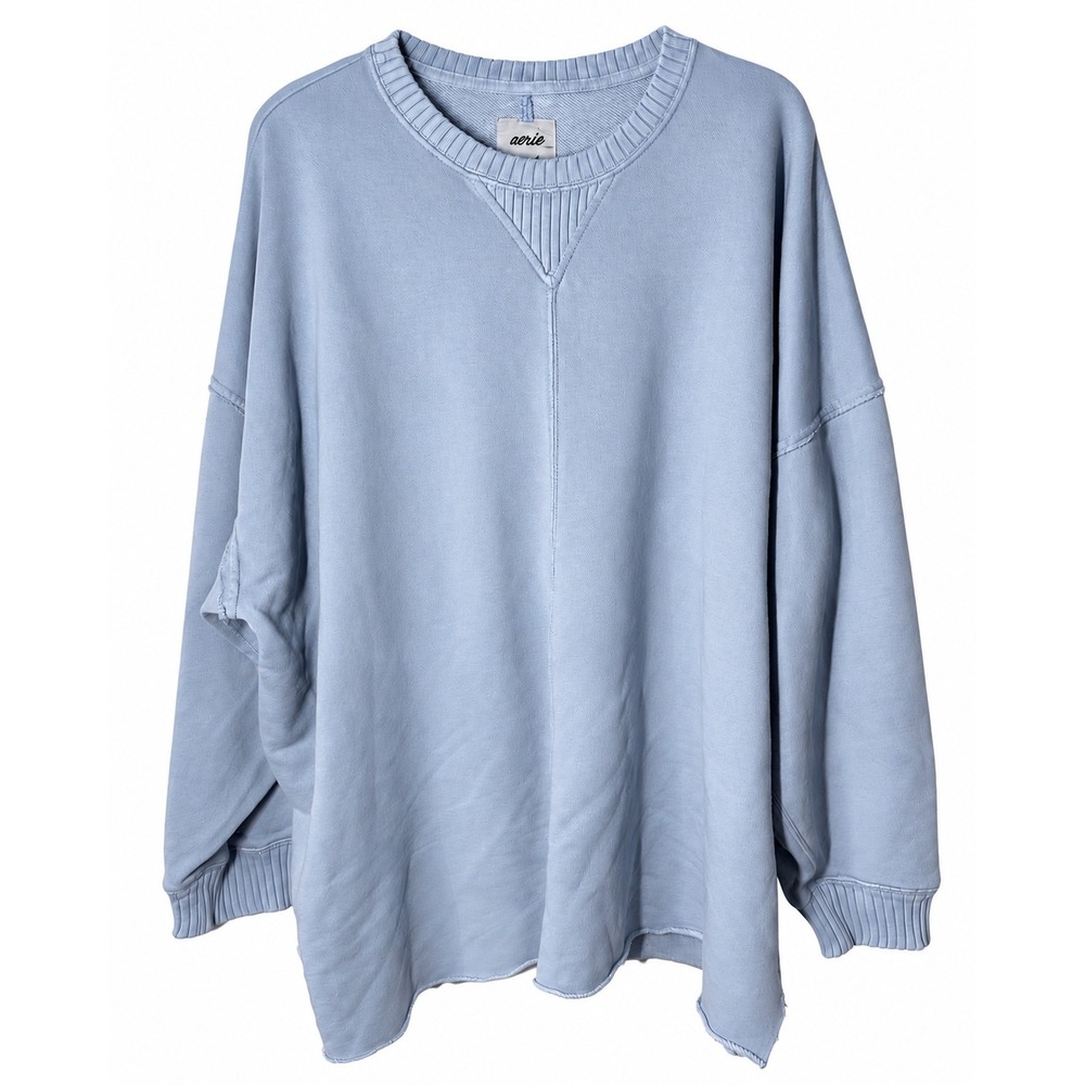 Aerie Oversized Crewneck Sweatshirt Light Blue Raw Hem XL